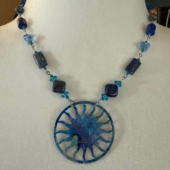Handmade Blue Celestial Sun Pendant Necklace. - Picture 2 of 4